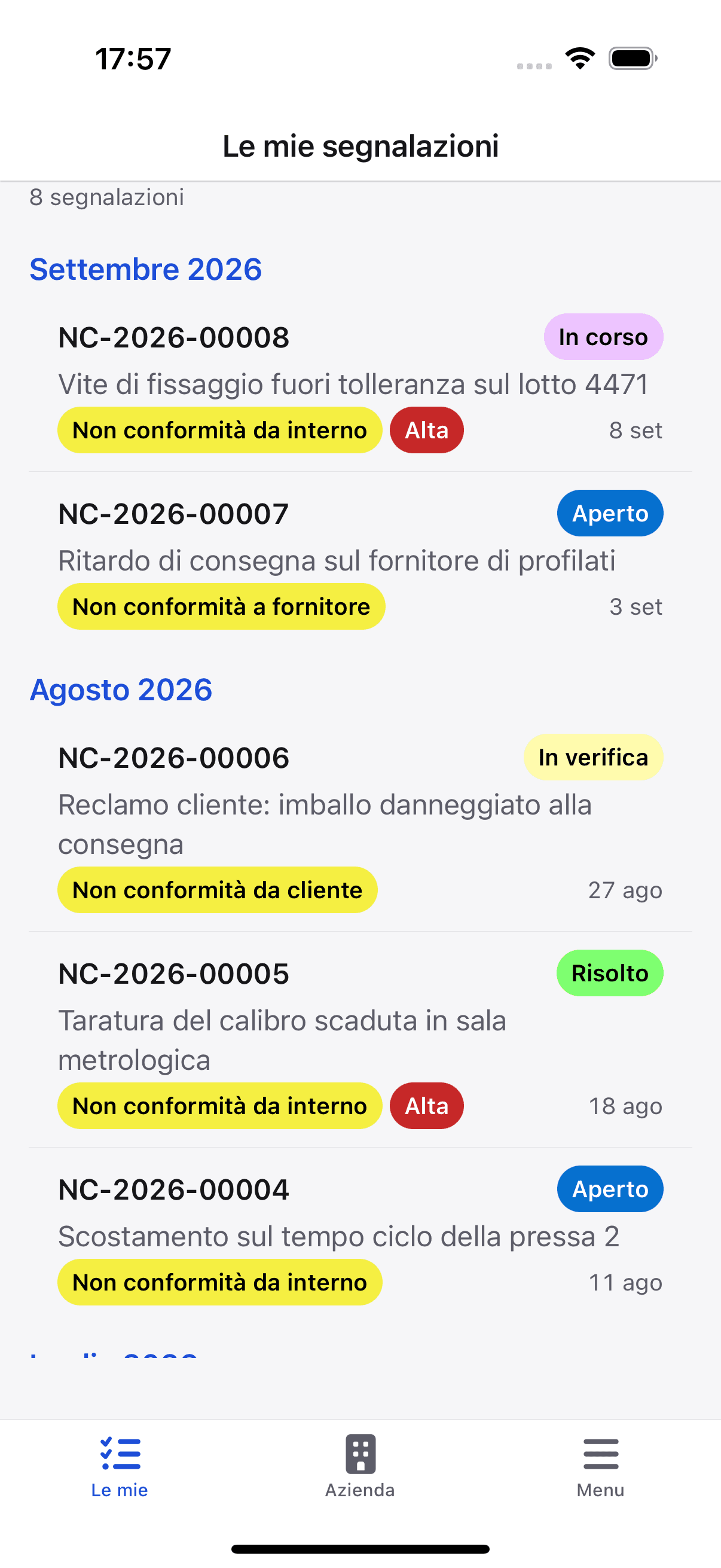 L'elenco delle segnalazioni sullo schermo di un telefono